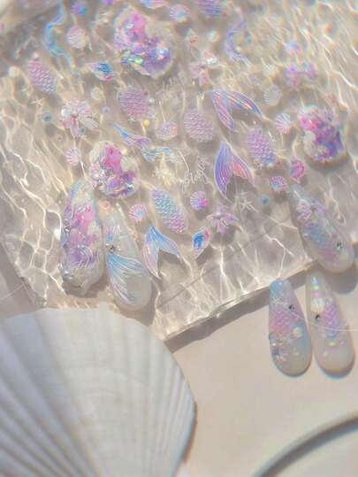 1 5D水晶钻石美人鱼女孩海螺海星贝壳蝴蝶结鱼鳞紫色丝带泡泡时尚美甲贴纸美甲装饰贴纸