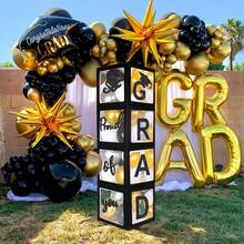 2026 Graduation Season Balloon Box Decor, 4pcs Black Graduation Party Balloons Box Printed With "GRAD", "Class Of 2026", "OF CLASS", Mini Cap Graduation Decor, Congratulations To The Class Of 2026 - Multicolor - View 6