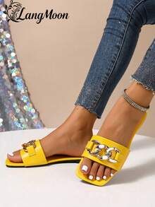 LangMoon 2026 New Yellow Metal Chain Square Toe Flat Sandals For Women, Minimalist Solid White Upper + Luxury Dual Chain Rhinestone Decor, Soft Sole Non-Slip Comfortable, Versatile For Vacation, Commute, Shopping, Party, Dating, Spring/Summer Slip-On - Yellow-l7 - View 7