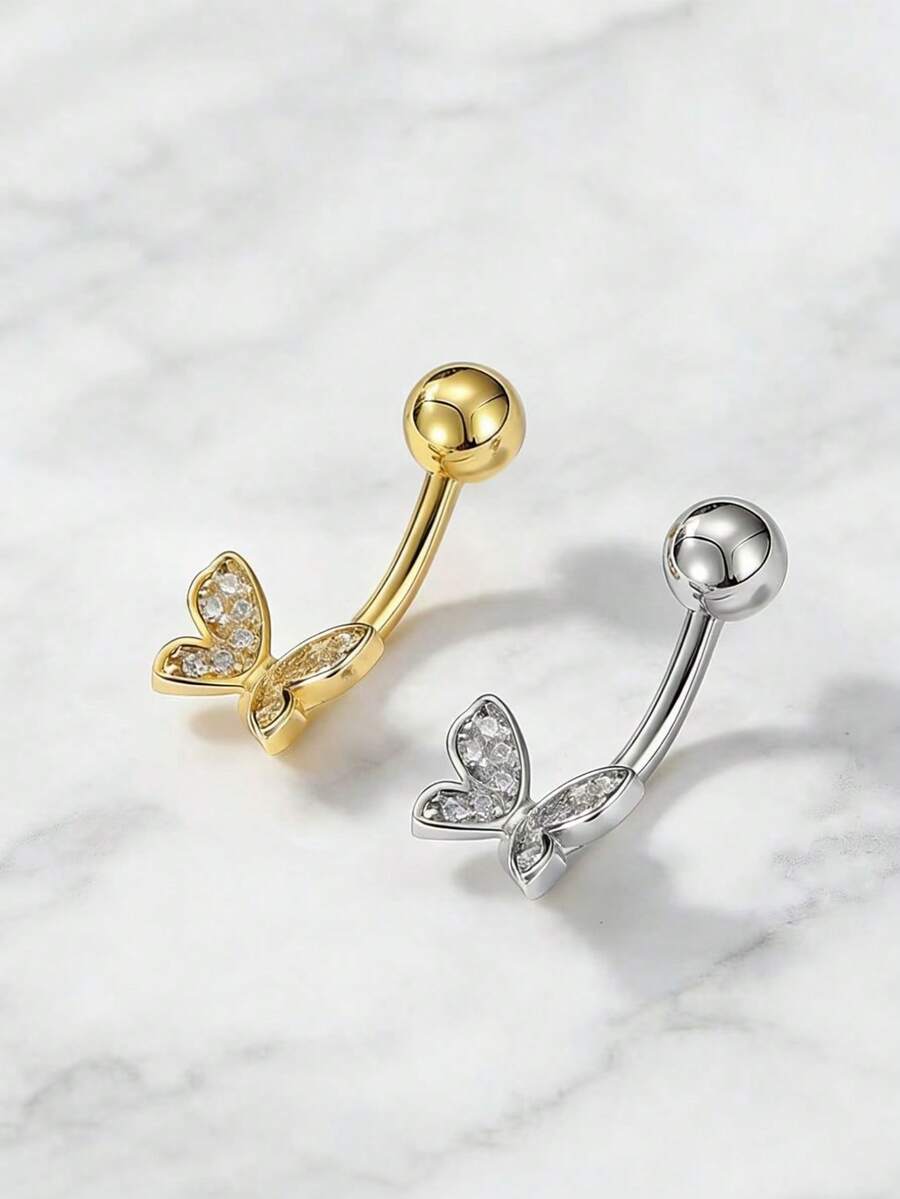 1pc Dual Butterfly Flutter Gold/Silver Navel Ring Belly Button Nail Body Jewelry - Butterfly - View 1