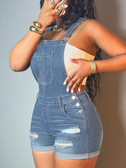 Women's Medium Stretch Mid Waist Ripped Denim Overalls Shorts Streetwear Cuffed Hot Pants