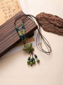 1pc Summer Dopamine Series Bohemian Colorful Beaded Starfish Necklace, Braided Rope Long Necklace Accessory, Best Gift For Valentine's Day And Beach Vacation - Multicolor - View 8