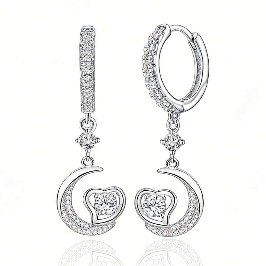 纯银防过敏女士耳环，镶嵌立方氧化锆，月牙形爱心耳环，时尚精致耳环，生日礼物 - 銀色 - 查看 1