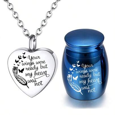 2 Pieces Cremation Urn Necklace Heart Ashes Necklace Carved Locket Charm Pendant For Men Women Stainless Steel Waterproof Memorial Pendant And Memorial Ashes Urn - Your Wings Were Ready But My Heart Was Not