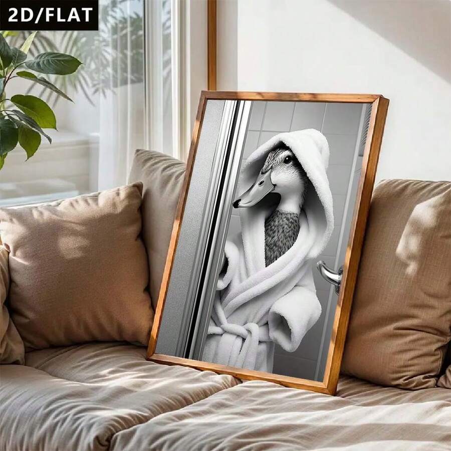 2D/Plat 1 pièce Affiche d'art amusante et guérissante de style moderne gris-blanc, décoration murale d'art abstrait - Un petit canard portant une serviette de bain, œuvres d'art murales sur canevas, pour salle de bain, toilettes, chambre à coucher, salon, bureau, décoration murale de couloir (sans cadre/canevas enveloppée)