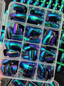 144pcs Chameleon False Nails Green Blue Purple Holographic Gradient Glossy Short Square Press On Nails DIY Full Cover Wearable Fake Nail Cool Y2k Style Manicure - Multicolor - View 6
