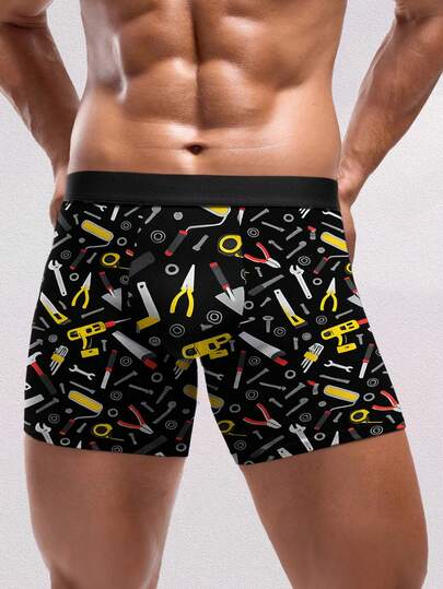 1 Pc Men's Tool Print Boxer Briefs, Comfortable & Funny Handyman Underwear, Unique Gift For Dad, Handymen & DIY Lovers, Cute, Casual, Ideal For Fitness Guys