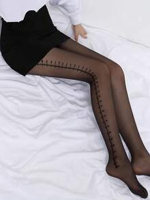 1 Pc Women's Black Pantyhose With Rhinestone Letter – Sexy & Chunky Style Tights For Party Wear - Black - View 4