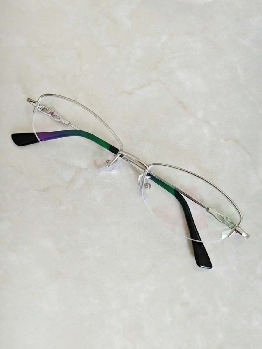 1PCElegant Semi-Rimless Metal Glasses For Women, Chain Link Temple Detail, Face Slimming Oval Frame, Office & Daily Wear - Silver - View 1