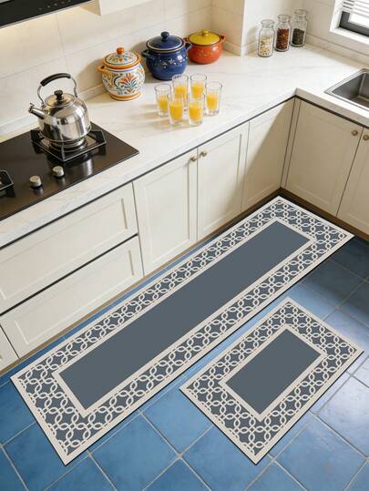 1pc Gray-Blue Silica Gel Kitchen Mat With Continuous Geometric Beige Border Frame, Minimalist New Chinese Style Suitable For Kitchen, Bathroom, Entryway, Laundry Room, Bedroom, Living Room Decor