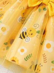 女婴夏季可爱卡通船领3D蜜蜂贴花向日葵蓬松网纱连衣裙 - 黃色 - 查看 6