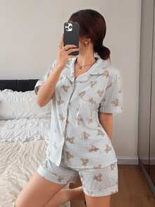 Dreamivo Bộ đồ ngủ ngắn rộng rãi họa tiết gấu kẻ caro xanh trắng dành cho nữ, gồm 2 món, thích hợp mặc ở nhà. - Xanh và trắng - Xem 2