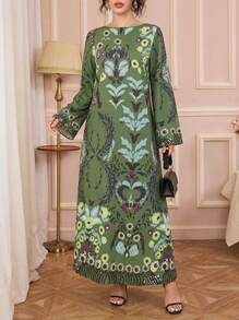 1 件女式花卉和叶子印花长袖超长连衣裙，绿色，休闲，度假，优雅阿拉伯风格长袍，奢华派对/节日连衣裙 - 綠色 - 查看 1