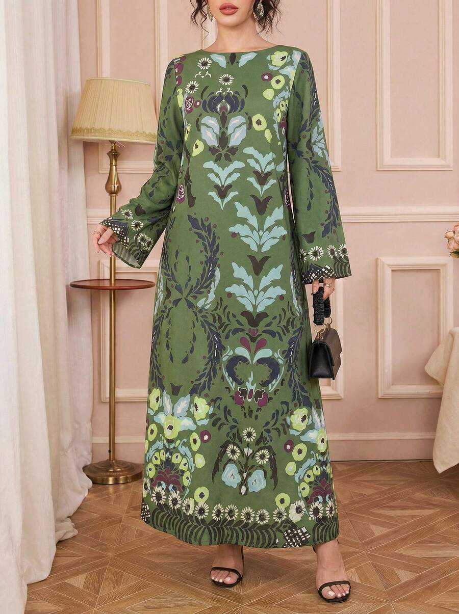 1 件女式花卉和叶子印花长袖超长连衣裙，绿色，休闲，度假，优雅阿拉伯风格长袍，奢华派对/节日连衣裙 - 綠色 - 查看 1