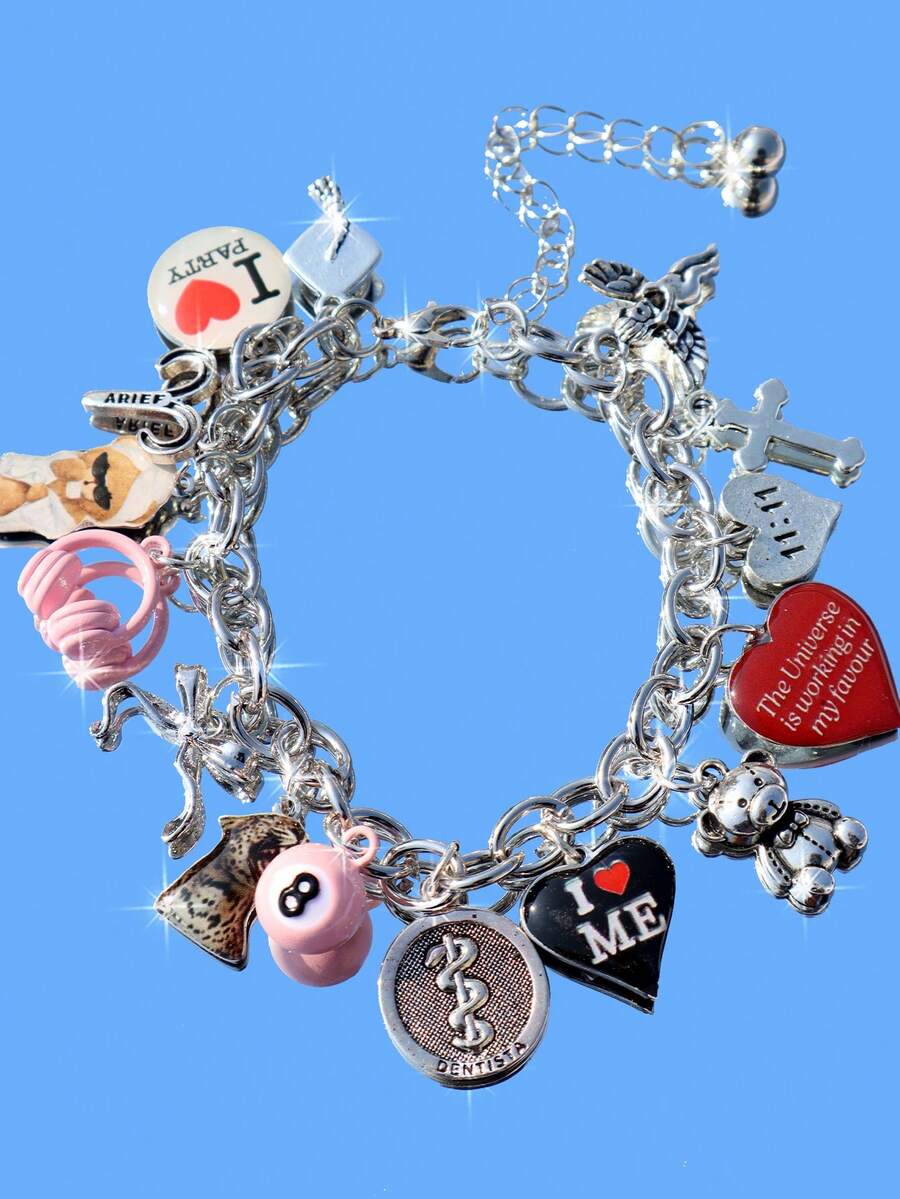 1条俏皮风格手链，自爱标语手链，复古泰迪熊蝴蝶结手链，星座纪念手链，趣味耳机音乐派对手链，蛇形友谊手链