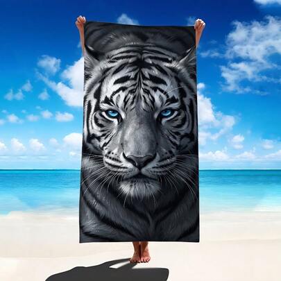 1条白色虎纹沙滩巾，超柔软超细纤维特大号沙滩毯，超强吸水浴巾，适合旅行、游泳池、潜水、冲浪、瑜伽、露营等场合，多种尺寸可选，沙滩、泳池、旅行、露营、瑜伽必备用品