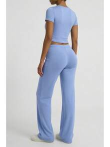 Women's Casual Pure Color Long Straight Leg Pants With Medium Stretch - Baby Blue - View 3