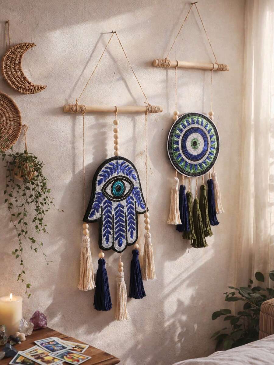 1件波西米亚风邪眼挂毯，手工刺绣恶魔之眼流苏墙饰，独特的波西米亚家居装饰，神秘房间装饰，客厅卧室波西米亚风墙挂，送给女性的灵性礼物，波西米亚风棕榈树和圆形眼睛墙挂，适用于客厅、卧室、冥想空间、婚礼派对、节日活动背景 - 彩色 - 查看 1