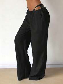 Pantalones anchos de lino sueltos, cómodos y versátiles para mujer, color blanco, para primavera - Negro - Ver 4
