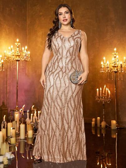 XUIBOL High-Quality Stretchy Elegant Sequin Patchwork Super Fitted Plus Size V-Neck Dress, Suitable For Evening Dates, Weddings, Parties, Anniversaries, Family Cocktail Parties, Formal Dinners, Wedding Guests, Singles Parties, Holidays, Summer & Autumn, Luxurious And Graceful Mother Of The Bride Dress (Heavy-Duty)