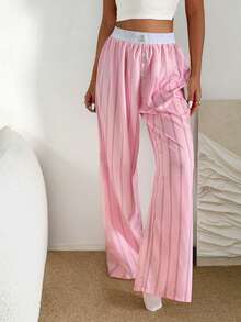 Nina Bonheur 1pc Women Striped Elastic Waist Wide Leg Lounge Pants - Pink - View 2