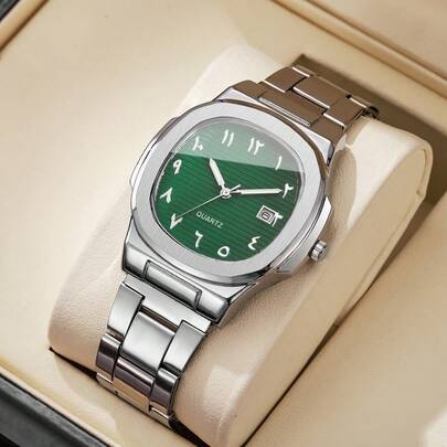 1pc Men's Fashion Minimalist Square Dial Calendar Stainless Steel Quartz Wrist Watch, Business Style (Watch Box Not Included)
