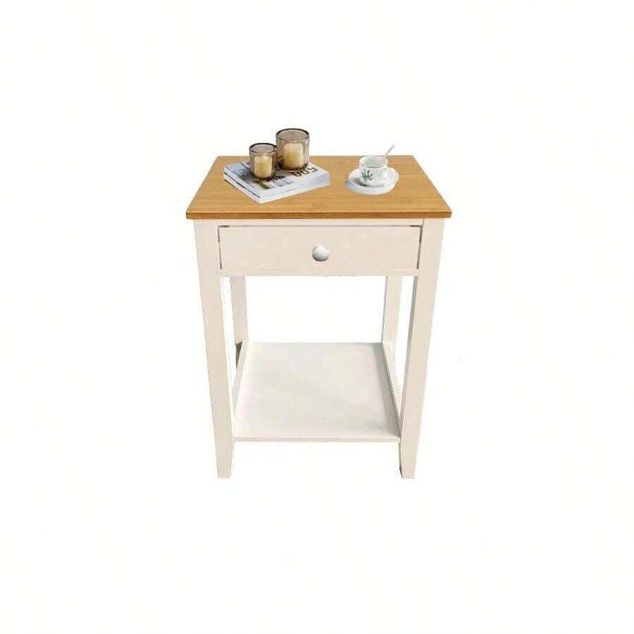 NATURAL TOP WHITE BEDSIDE TABLE CABINET STORAGE BEDROOM SHELF/DRAWER NIGHTSTAND - Multicolor - View 1
