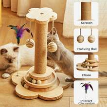 Cat Scratching Post, Indoor Cat Interactive Furniture Toy, 4-In-1 Wooden Cat Scratching Toy, 15.7" High Scratching Post With 2 Horizontal Cat Ball Tracks, Interactive Feather Toy And 2 Sisal Suspension Balls, Kitten Activity Center For Indoor Kittens And Adult Cats - Màu gỗ - Xem 4