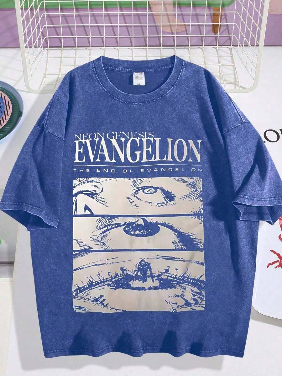 Fall,1Pcs 2026 EWH Mens Loose Retro Washed T Shirt New Century Evangelio EVA Anime Print DG004 Grey Short Sleeve Summer Tops Graphic Tees Women - 寶藍色 - 查看 1