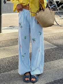 Doriss 条纹刺绣直筒裤，适合晚餐、波西米亚风、情人节、女士夏季服装、女士春季服装、沙滩裤、外套 - 淺藍色 - 查看 4