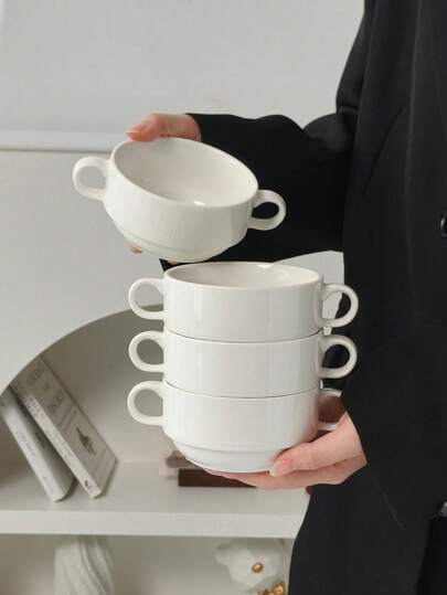 Cabin Kangaroo 1pc/2pcs/4pcs Stackable White Ceramic Double Handle Bowl Ins Style Breakfast Bowl Oatmeal Bowl Soup Bowl Dessert Bowl Household Tableware