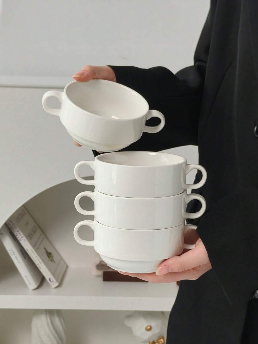 Cabin Kangaroo 1个/2个/4个可叠放白色陶瓷双耳碗ins风早餐碗燕麦碗汤碗甜点碗家用餐具