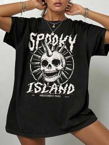 Gothic Punk 100% Cotton T-Shirt, Spooky Island Skull Graphic Tee, Womens Street Concert Summer Top, Short Sleeve, Dark Aesthetic, Y2K Style, Edgy Fashion, Halloween Outfit,   For Women - màu đen - Xem 1