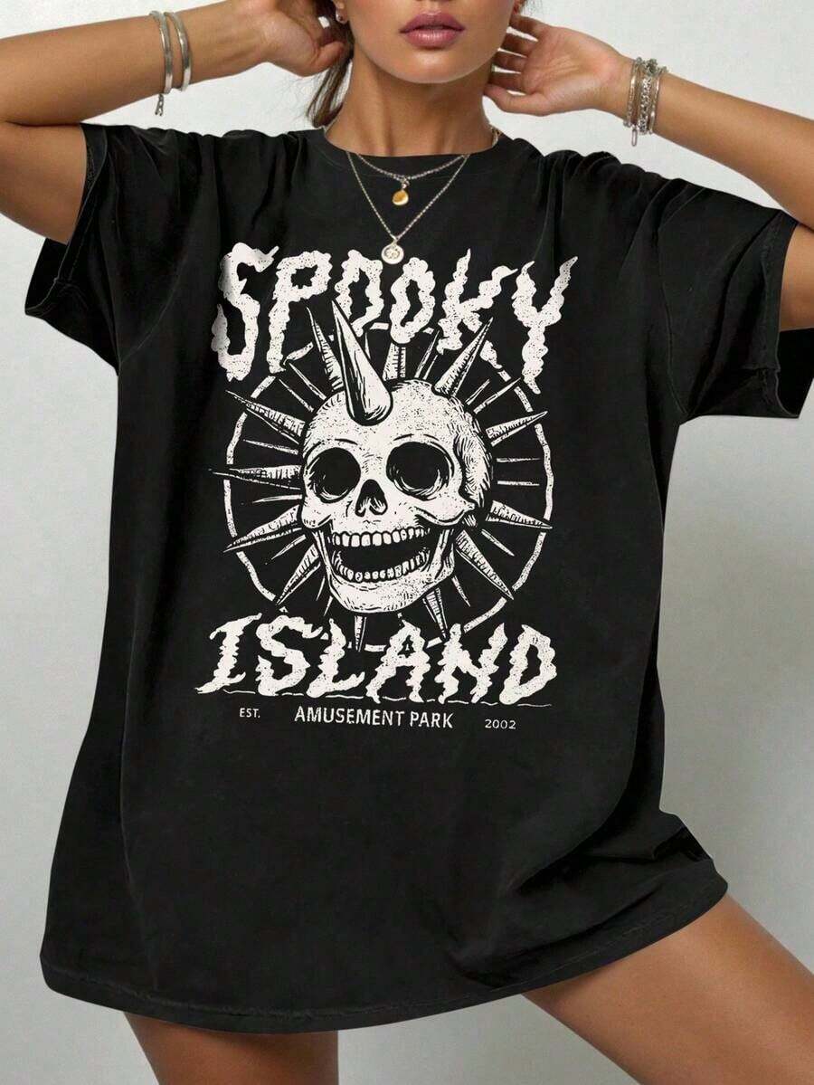 Gothic Punk 100% Cotton T-Shirt, Spooky Island Skull Graphic Tee, Womens Street Concert Summer Top, Short Sleeve, Dark Aesthetic, Y2K Style, Edgy Fashion, Halloween Outfit,   For Women - màu đen - Xem 1