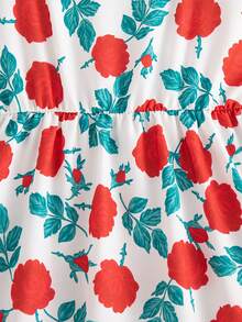 少女情人节爱心印花方领花瓣袖鱼尾连衣裙 - 紅色 - 查看 6