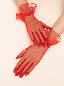 1 Pair Red Mesh Floral Cuff Fingerless Gloves For Women, Solid Color Bridal Gloves Suitable For Weddings, Parties And Other Occasions - Red - View 3