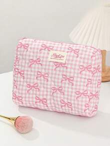 Bolsa de viaje multifuncional de gran capacidad con estampado de lazo y cuadros, bolsa de maquillaje rosa con lazo de guinga, bolsa de maquillaje rosa con lazo de guinga, organizador de cosméticos acolchado con asa, 3 tamaños para viaje y uso diario, bolsa de maquillaje rosa con lazo a cuadros, estética, bolsa de cosméticos acolchada, bolsa de aseo portátil de viaje para niñas - Rosa - Ver 16
