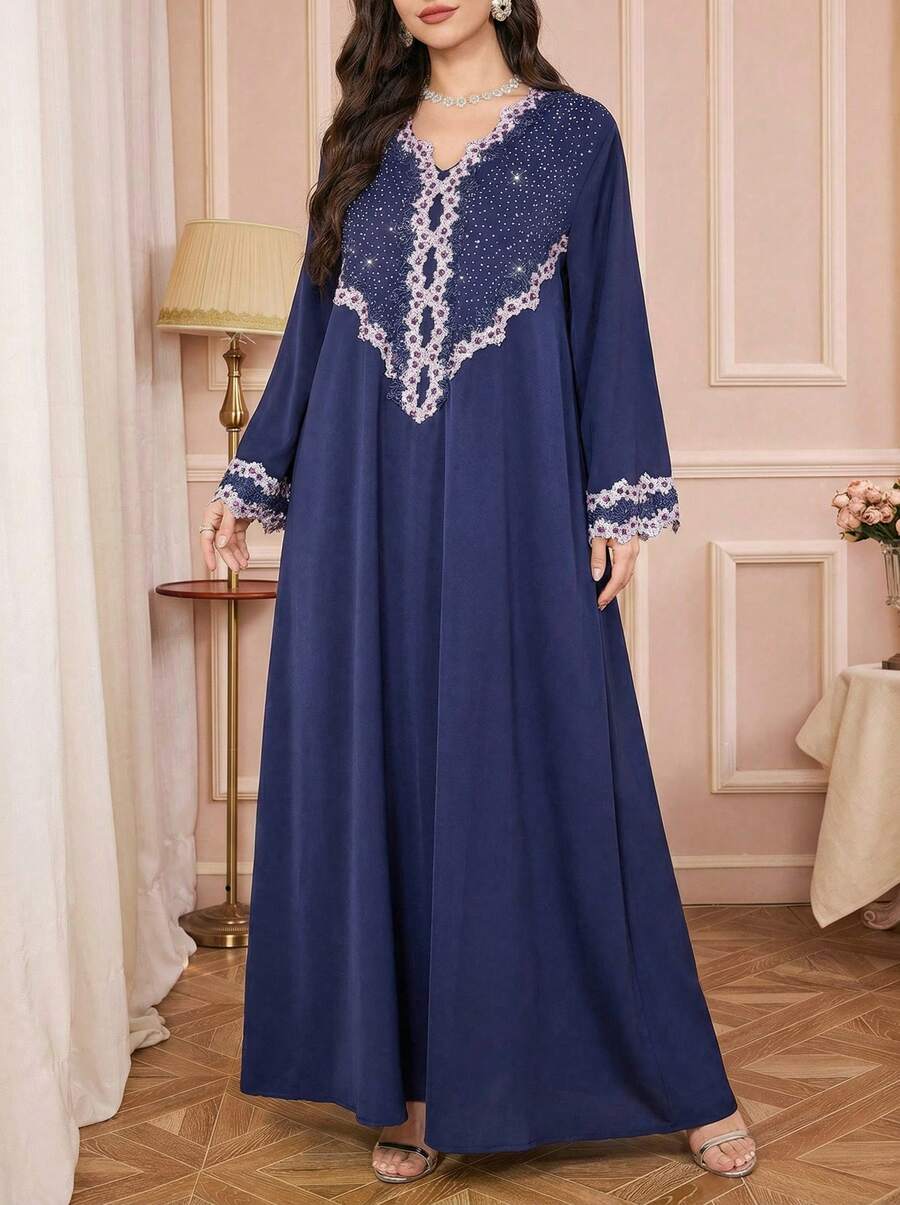 Elegant V-Neck Rhinestone Embellished Loose Long Robe Dress, Long Sleeve - Navy Blue - View 1