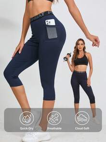 1pc Women's Letter Waistband Mesh Patchwork Capri Length Cycling Shorts, Double Side Pockets, High Elasticity, Butt Lifting, Yoga Fitness Sports Black Tight Bermuda Shorts - Navy Blue - View 1