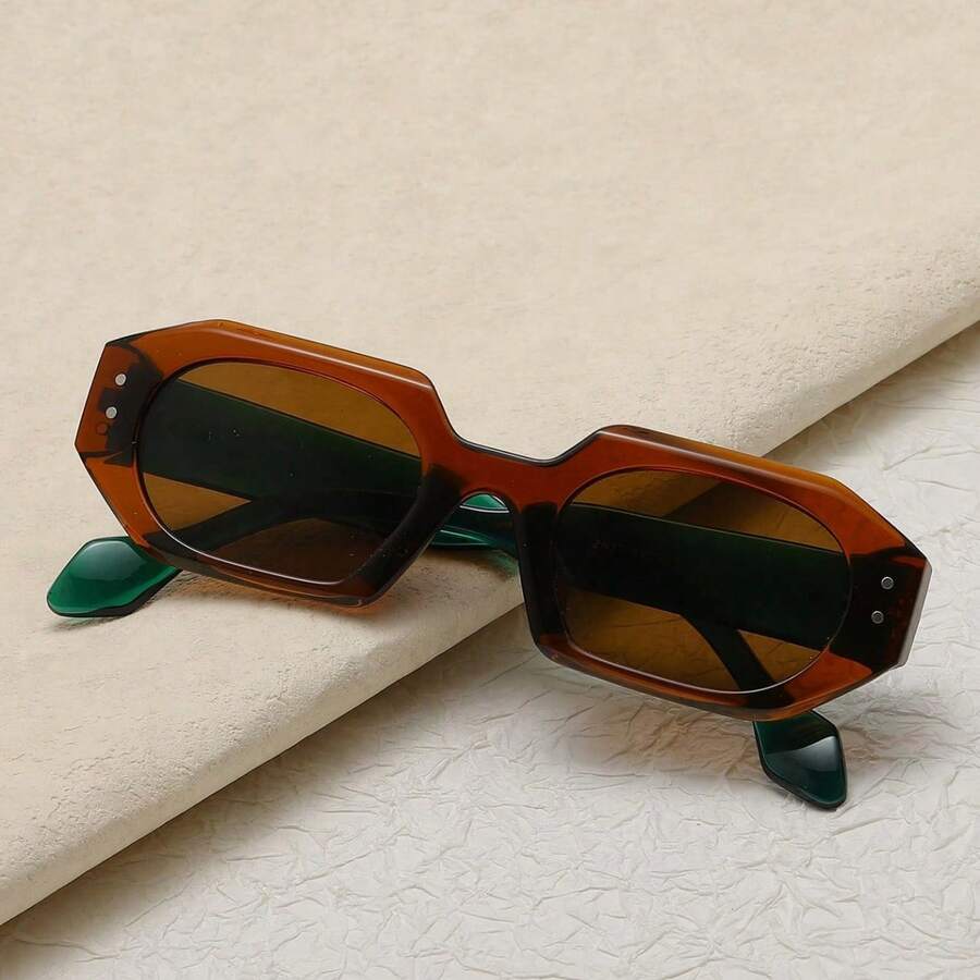 Irregular Square Sunglasses Retro Personality Color-Block Thick Frame European And American Cross-Border  Fashion Hip-Hop Sunglasses - Tea Basket With Tea Leaves (green Stem) - View 1