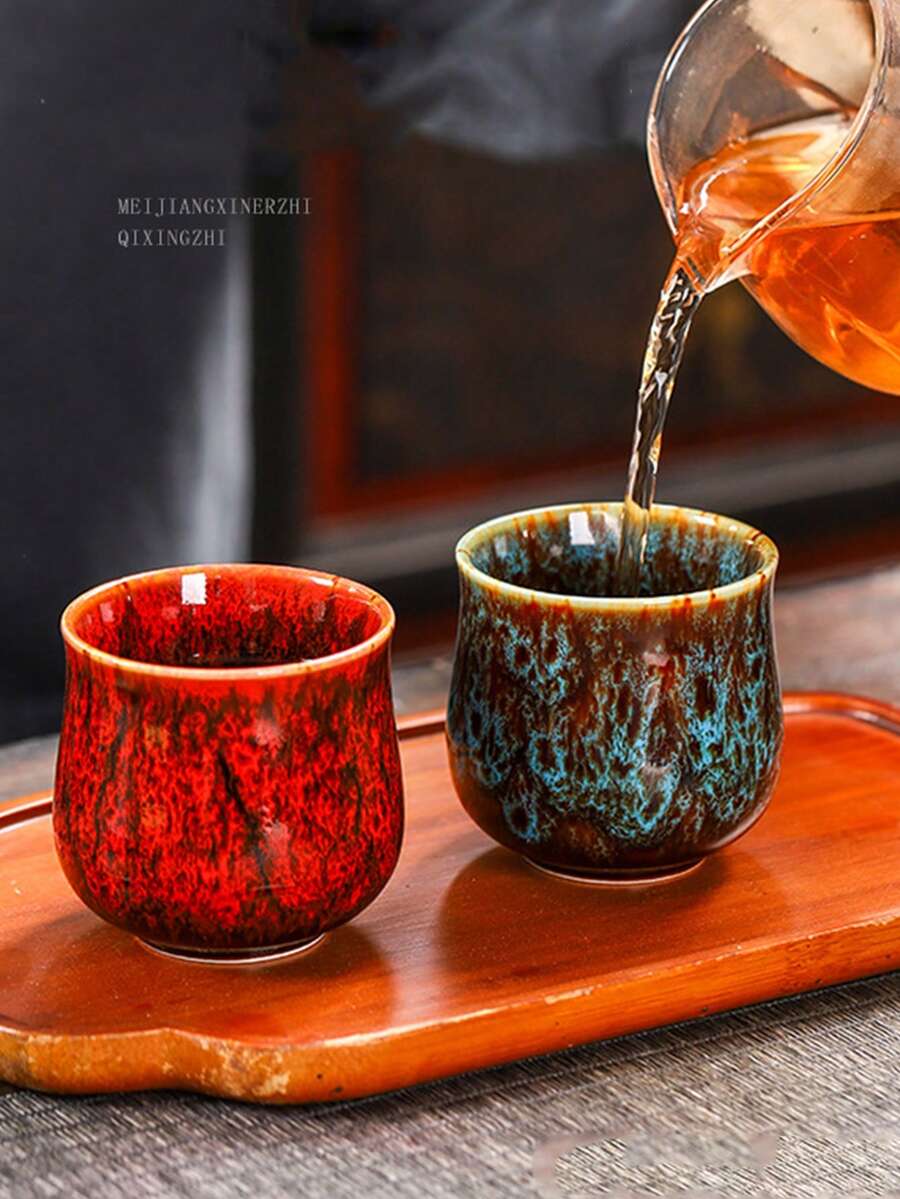 1个热销裂纹釉陶瓷拿铁咖啡杯，小号150毫升水杯，创意个人浓缩咖啡杯，冲洗杯，毕业/家庭聚会杯，情侣杯，中式茶具套装 - 彩色 - 查看 1