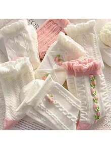 5/3/1 Pairs Randomly Shipped Women's Floral Ruffle Fashion Mid-Calf Socks, Suitable For Daily Wear - Multicolor - View 6