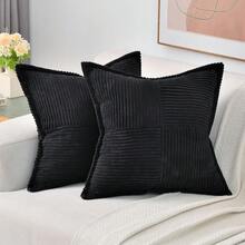 1 chiếc vỏ gối trơn không có ruột, vỏ gối sofa bằng vải nhung kẻ, đồ trang trí nhà cửa - màu đen - Xem 13