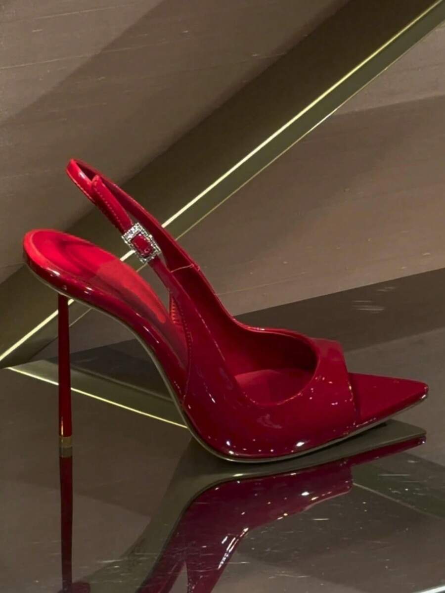 2026 Spring New Red Patent Leather Pointed Toe Stiletto High Heels, Low Vamp Rhinestone Buckle Backless Sexy Pumps For Women - Red - View 1