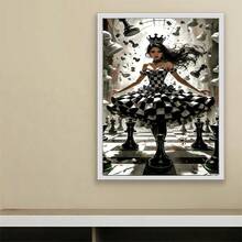 1幅2D DIY钻石画，黑白格子皇冠女孩与漂浮的国际象棋棋子，完美的节日礼物 - 查看 2