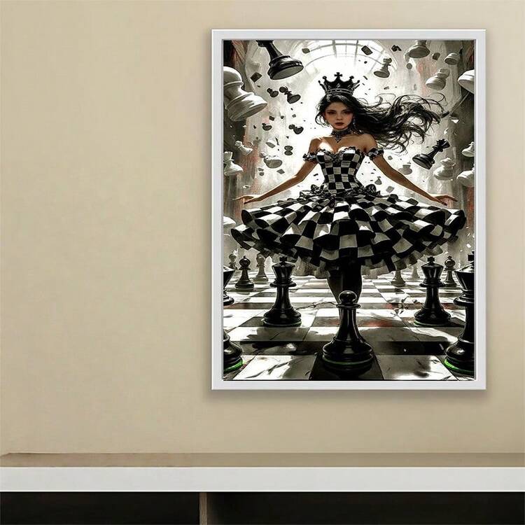 1幅2D DIY钻石画，黑白格子皇冠女孩与漂浮的国际象棋棋子，完美的节日礼物 - 查看 2