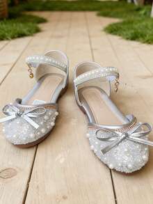 女童派对鞋，饰有珍珠蝴蝶结和踝带，优雅女童装 - 銀色 - 查看 3
