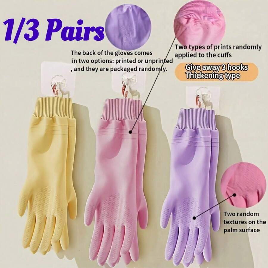1/3 piezas Guantes de goma gruesos de PVC para lavar platos, de una sola capa con gancho incorporado, diseño de puño elástico, multiusos para limpiar la cocina, el baño y la ropa - A - Ver 1