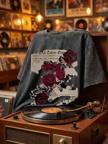 Women's Fun Retro Thorny Rose And Newspaper Cartoon Letter Pattern Prints On The Street, Korean-Style Comfortable Retro Fashion Commuting Versatile Y2k Women's Clothing, Regular Niche Punk Style Black Fitted Round-Neck Short-Sleeved Washed T-Shirt, Washed Retro Series Comfortable Pure Cotton T-Shirt, Easily Create Retro Casual Clothing, Suitable For Daily Commuting, Leisure Outings, Daily Wear, Classic Retro Style Women's Clothing - 黑色 - 查看 2