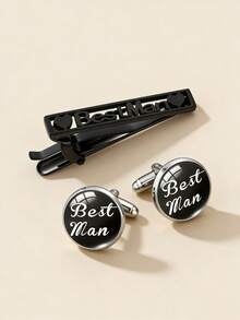 3pcs Luxury Men's Suit Accessory Set: Exquisite Hollow Tie Clip + Personalized Letter Cufflinks, Fashionable Versatile Groom/Father/Groomsman Attire Decoration, Suitable For Weddings, Parties And Various Occasions - Black - View 6